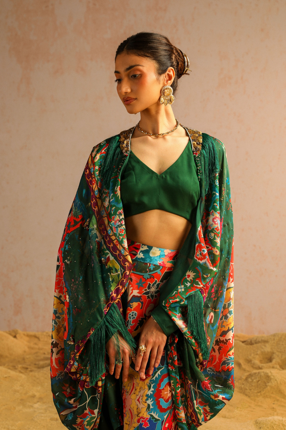 Green harem pants with blouse and cape