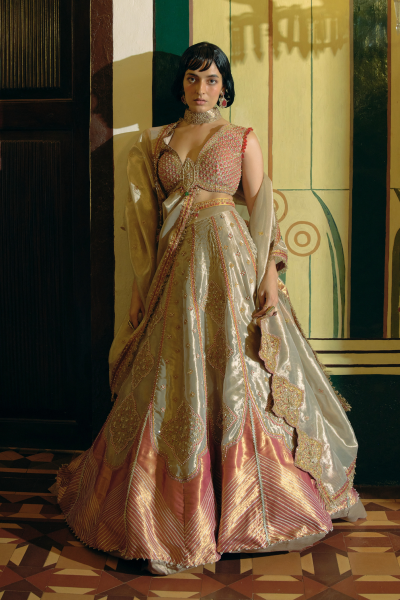 Pink silk zari tissue lehnga set