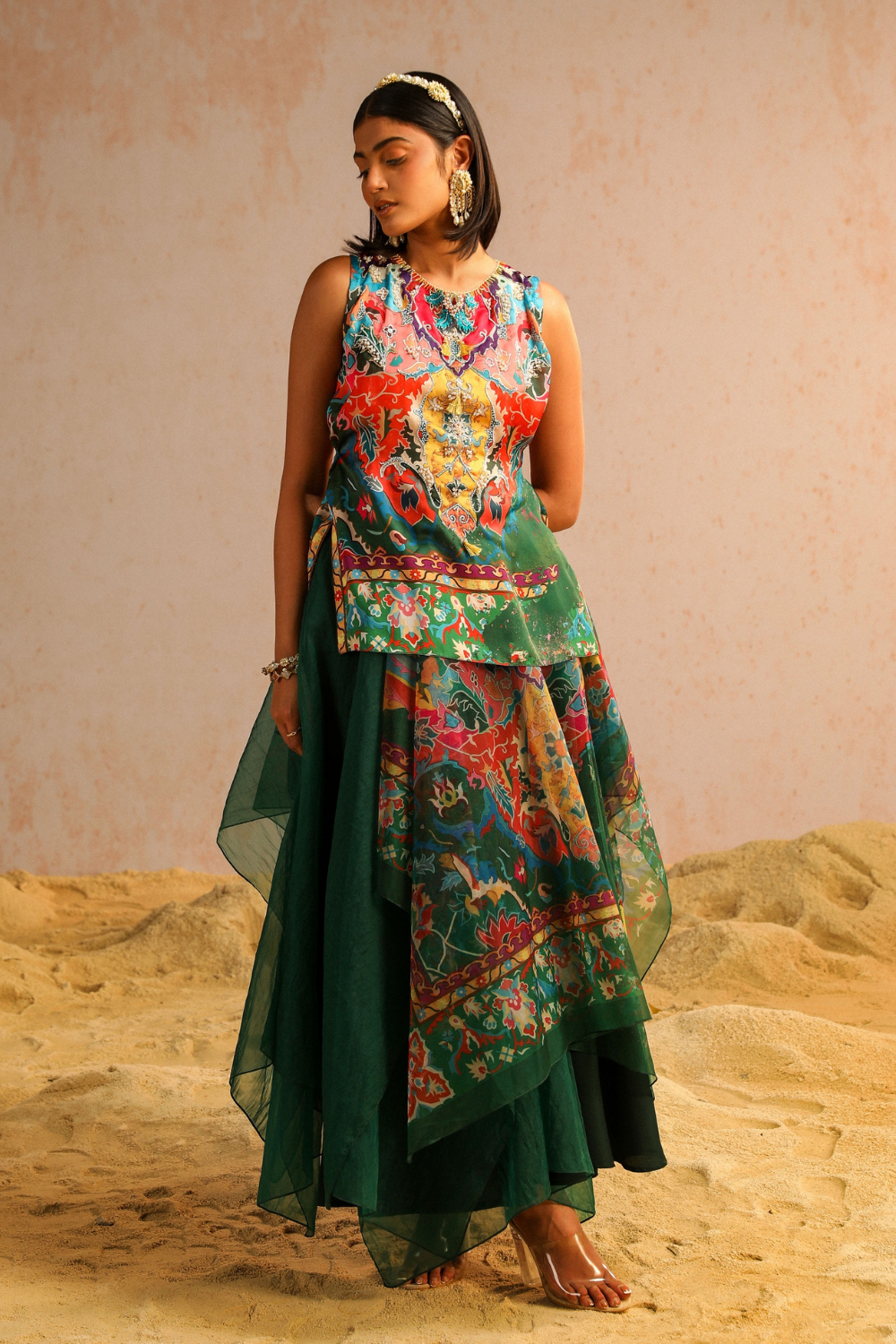 Green layered skirt with short kurti