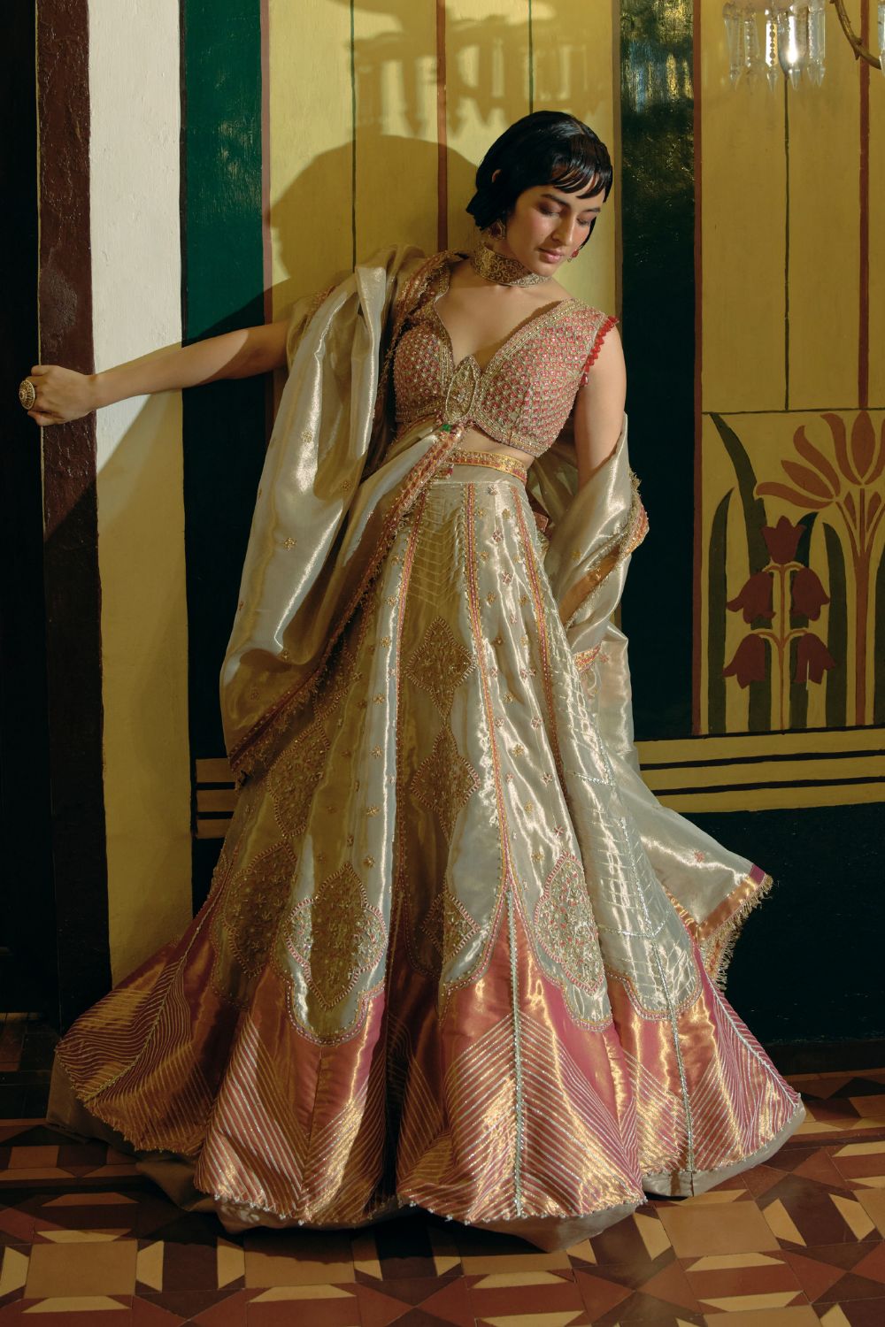 Rose gold silk zari tissue lehenga set