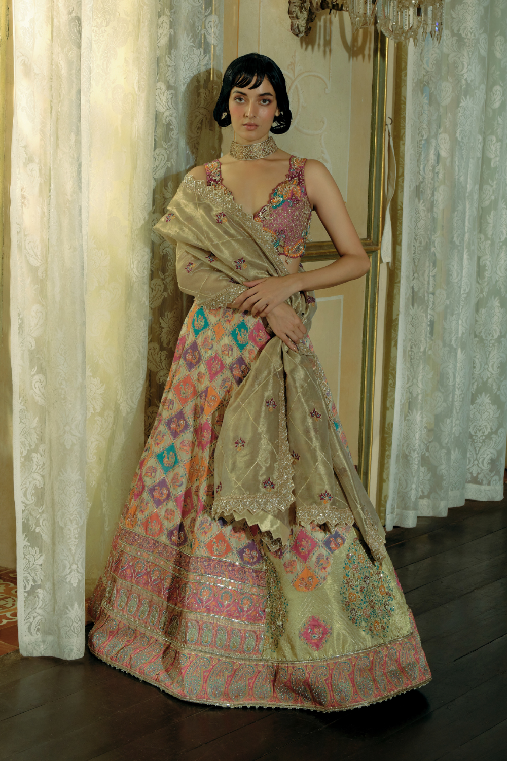 Ivory checkered jacquard banarsi lehenga set