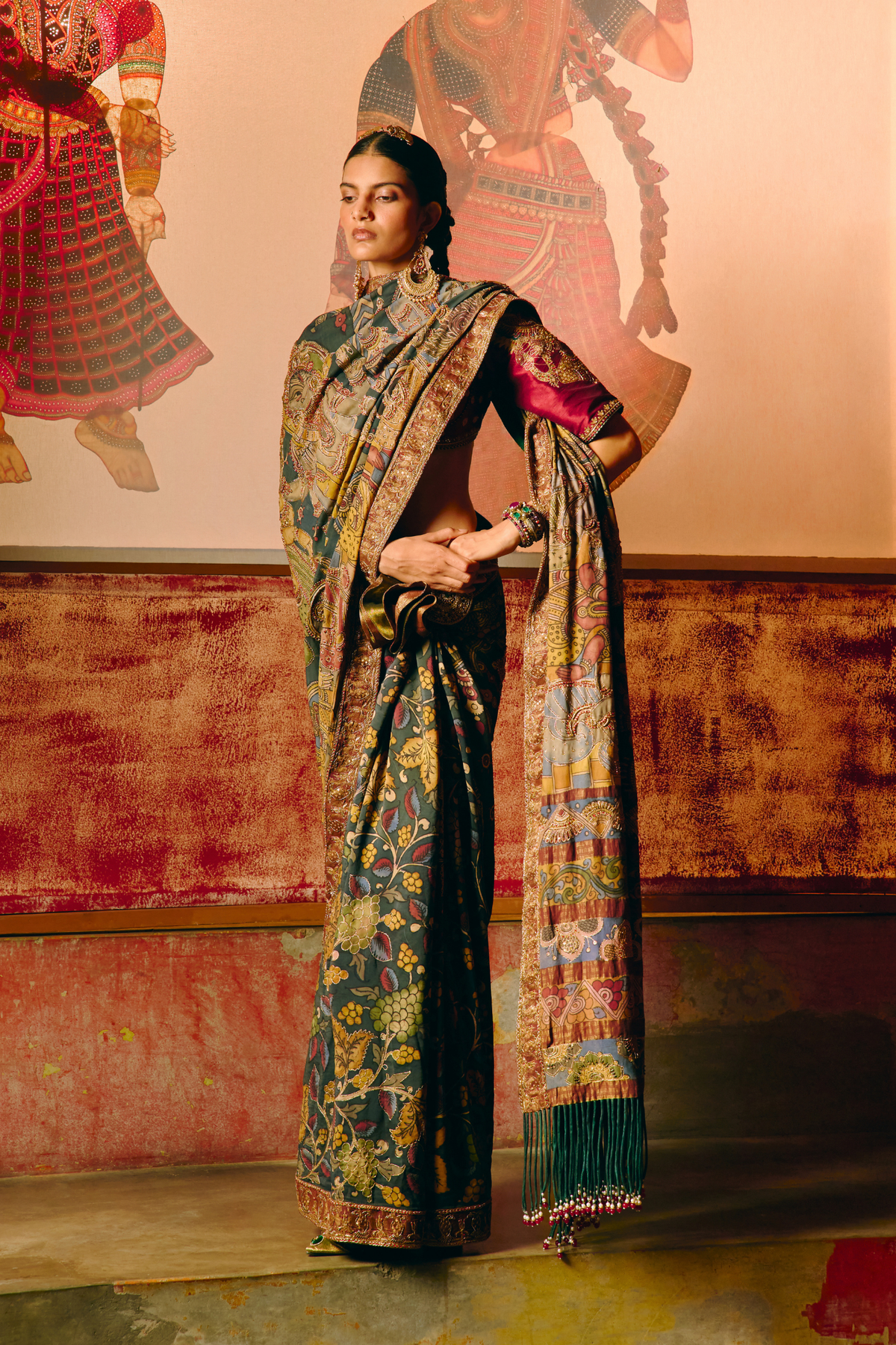 Kalyanam dark blue saree with red blouse