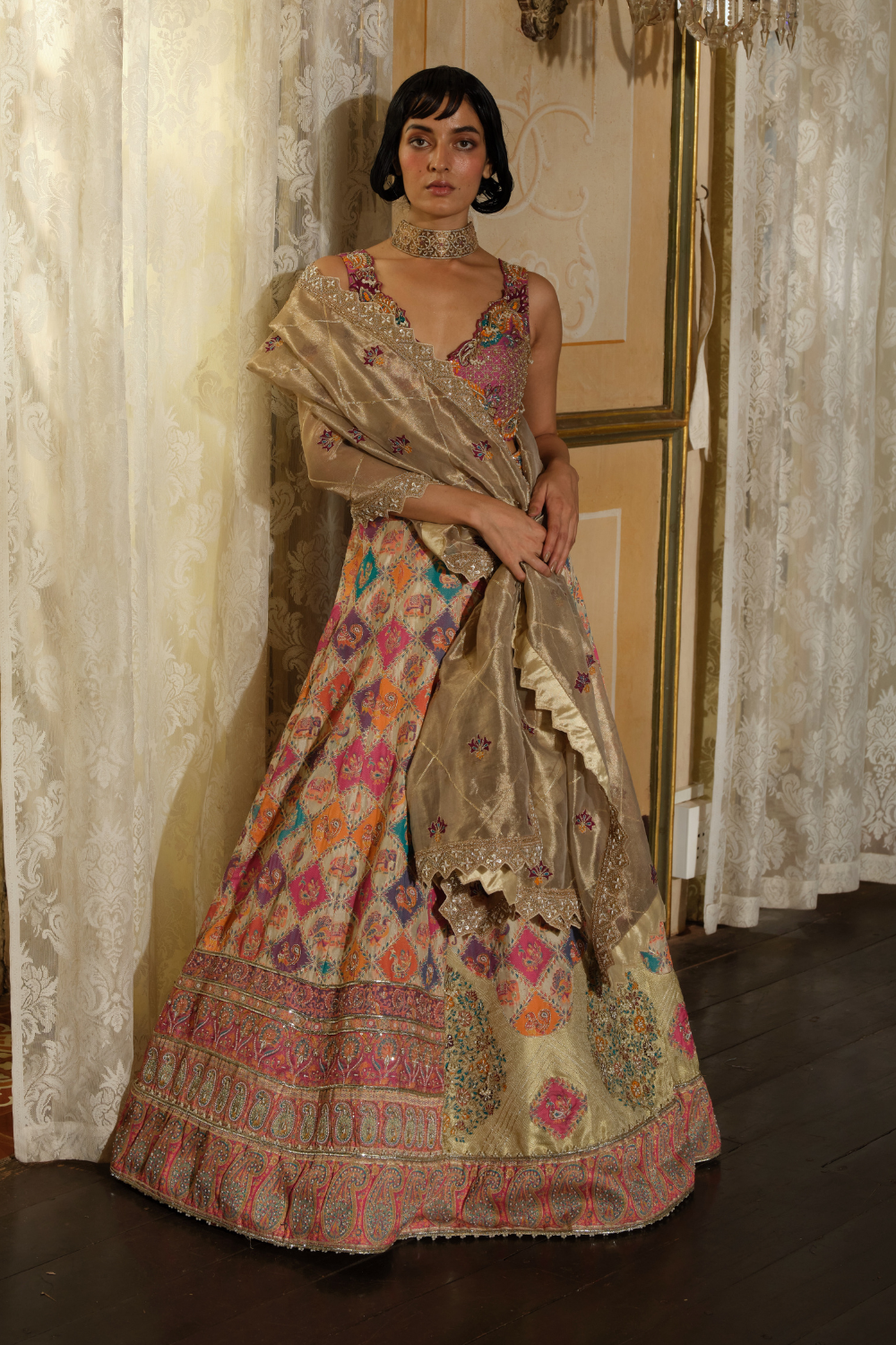 Ivory checkered jacquard banarsi lehenga set