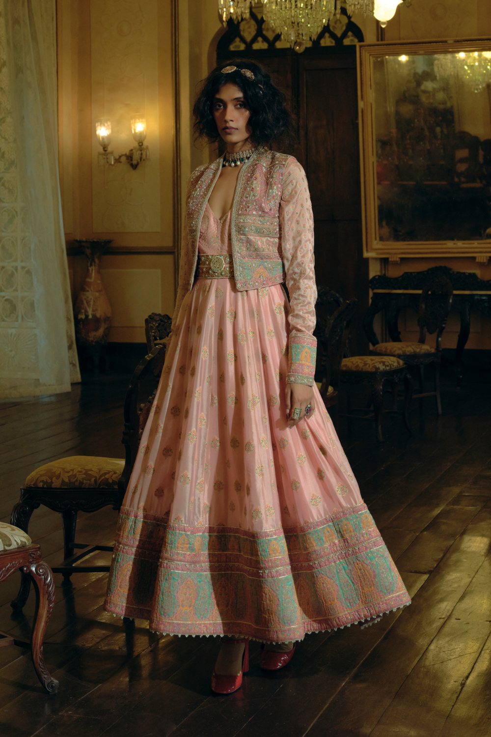 Pink jacquard banarsi anarkali with cropped jacket set