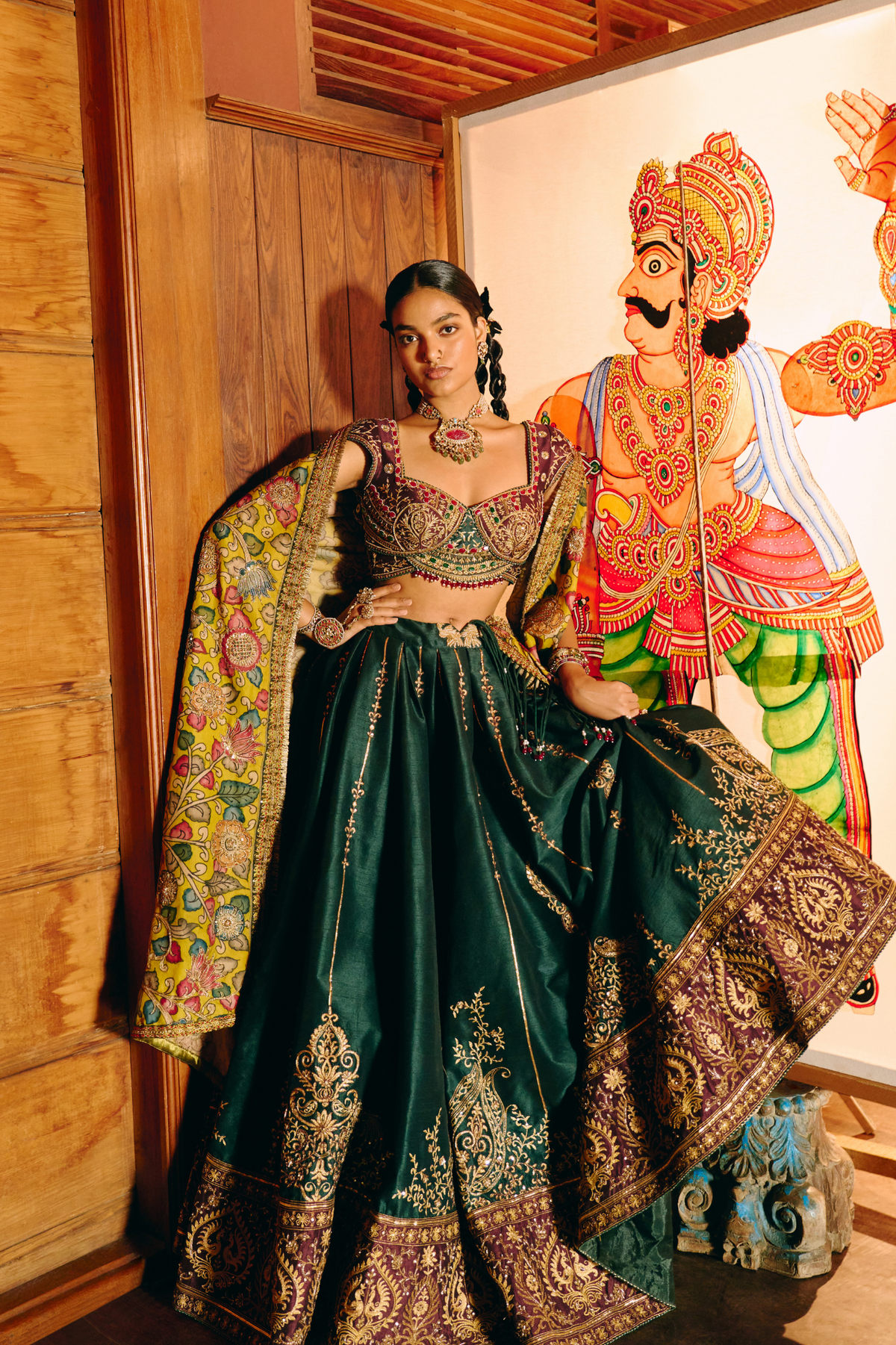 Kanti Emerald Green Lehenga With Kalamkari Floral Duppata Set