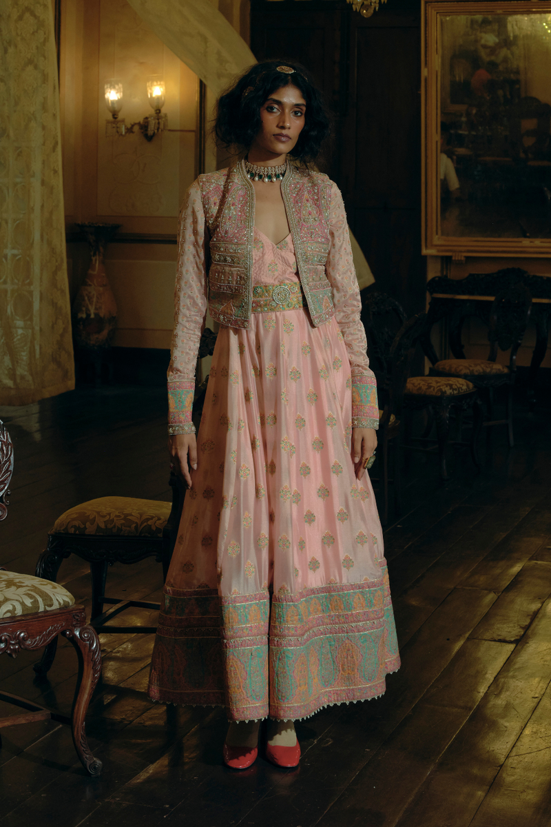 Firozi Green jacquard banarsi anarkali with cropped jacket set