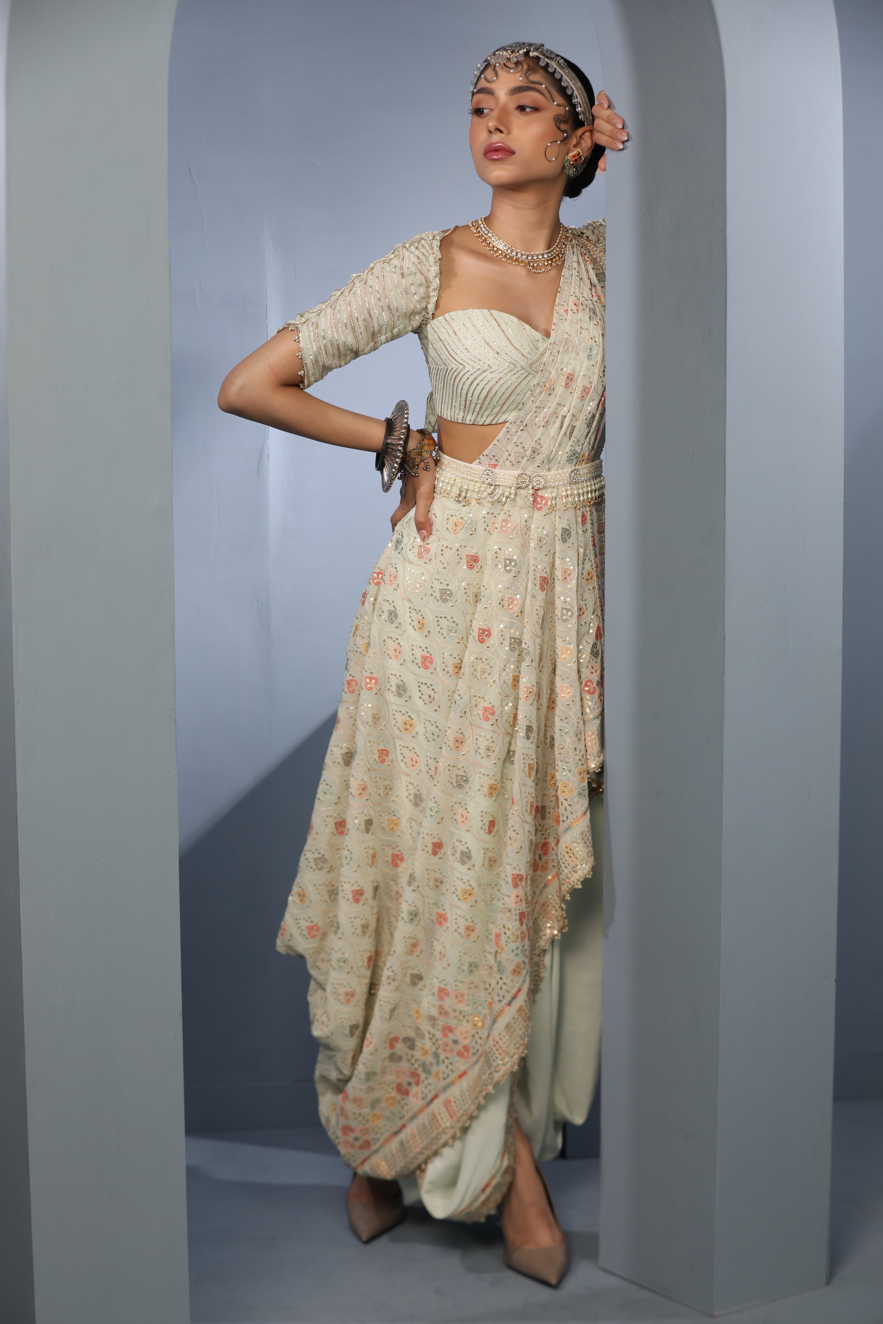  Women's Cream Floral Draped Saree Set
