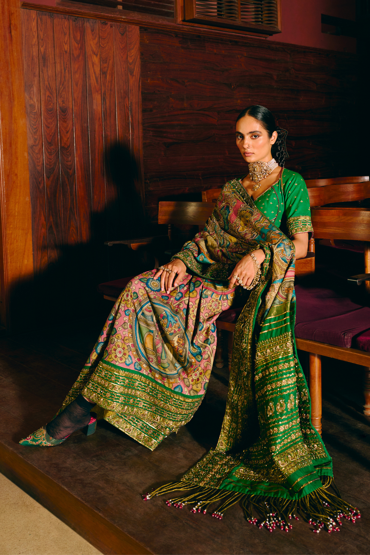 RamLeela onion pink saree with green blouse