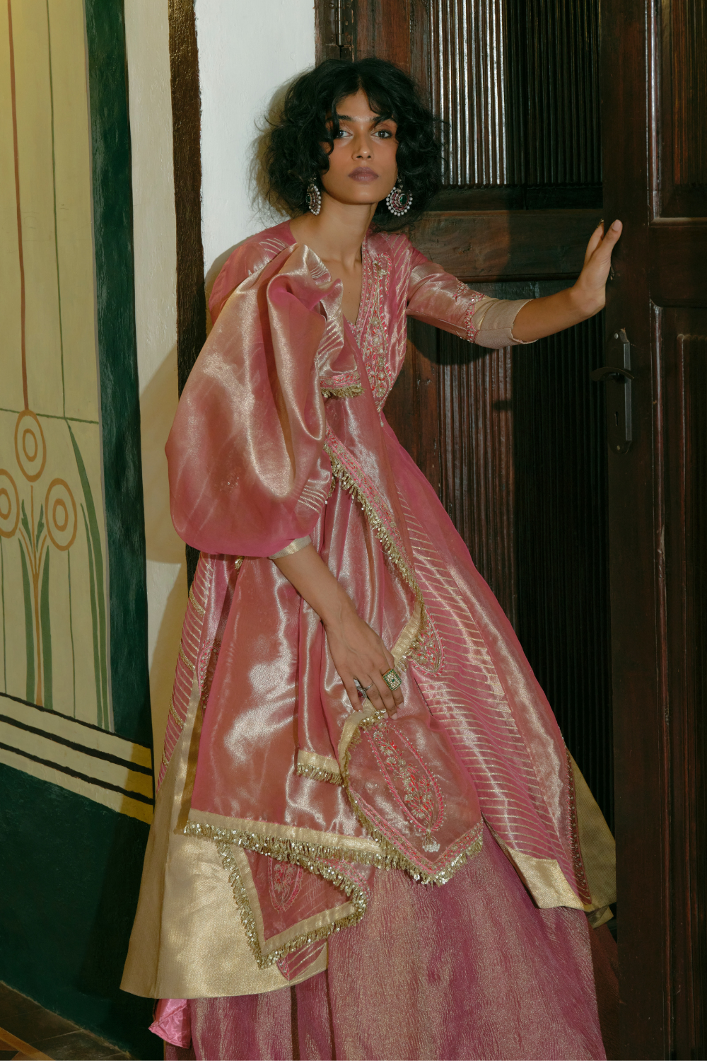 Pink silk zari tissue jacket with skirt