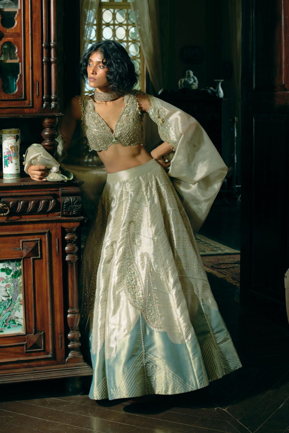 Pearl gold silk zari tissue lehnga set