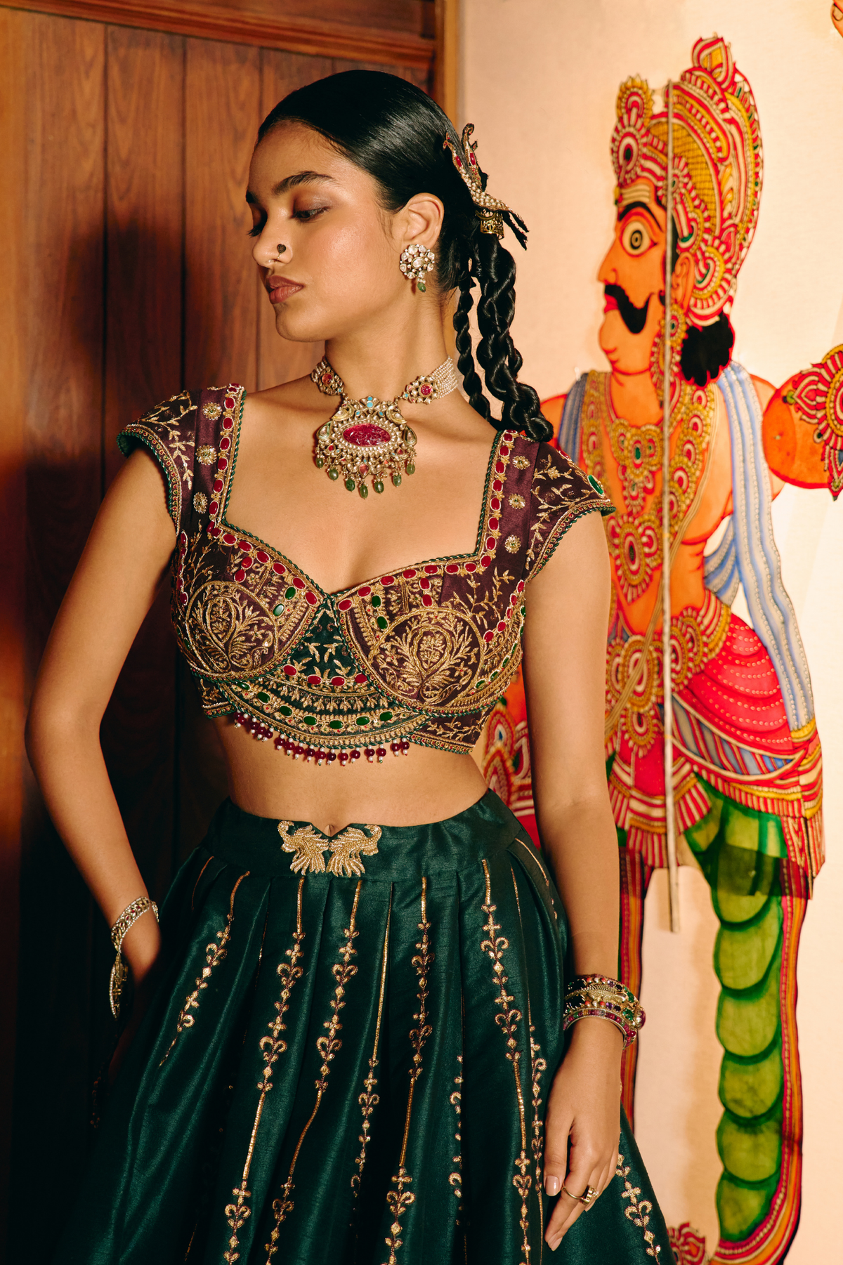 Kanti Emerald Green Lehenga With Kalamkari Floral Duppata Set