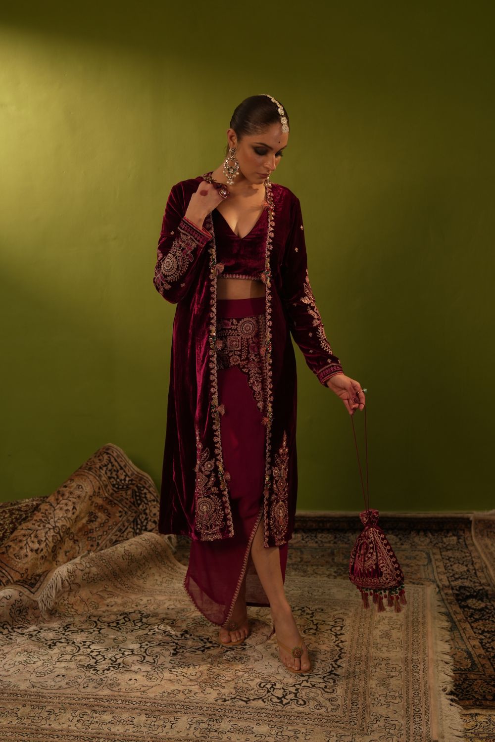 Wine Velvet Drape Skirt, Top And Jacket Set