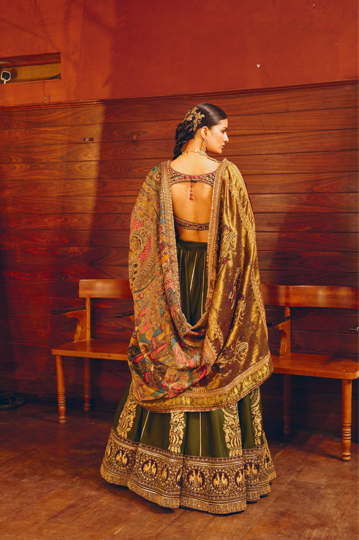 Mangalam Emerald Green Paisley Lehenga With Kalamkari Duppata Set