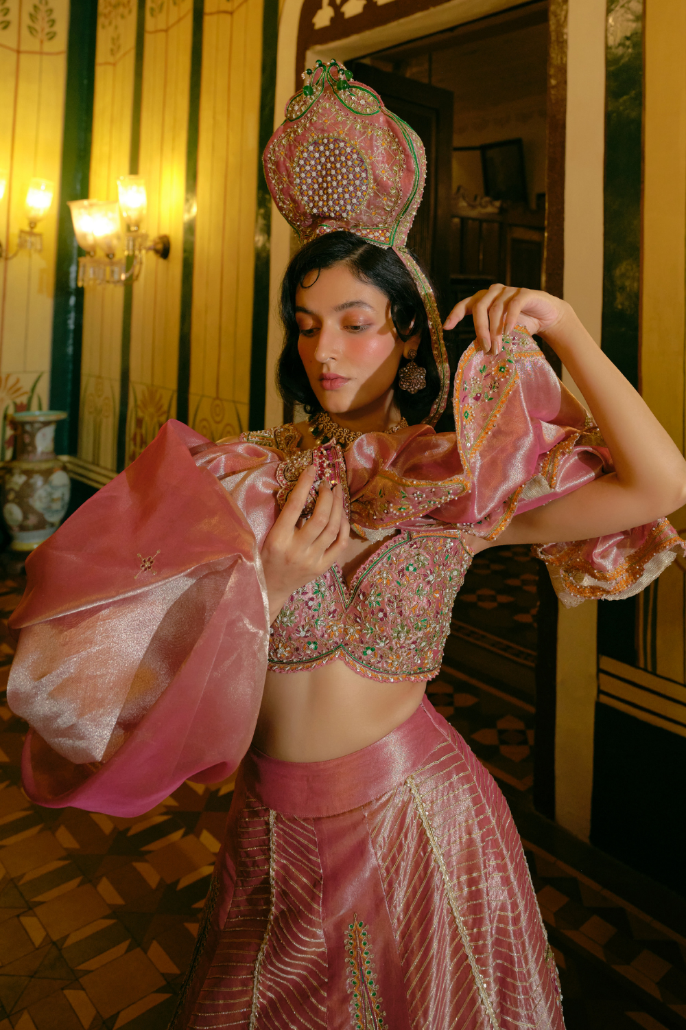 Pink silk zari tissue lehnga set