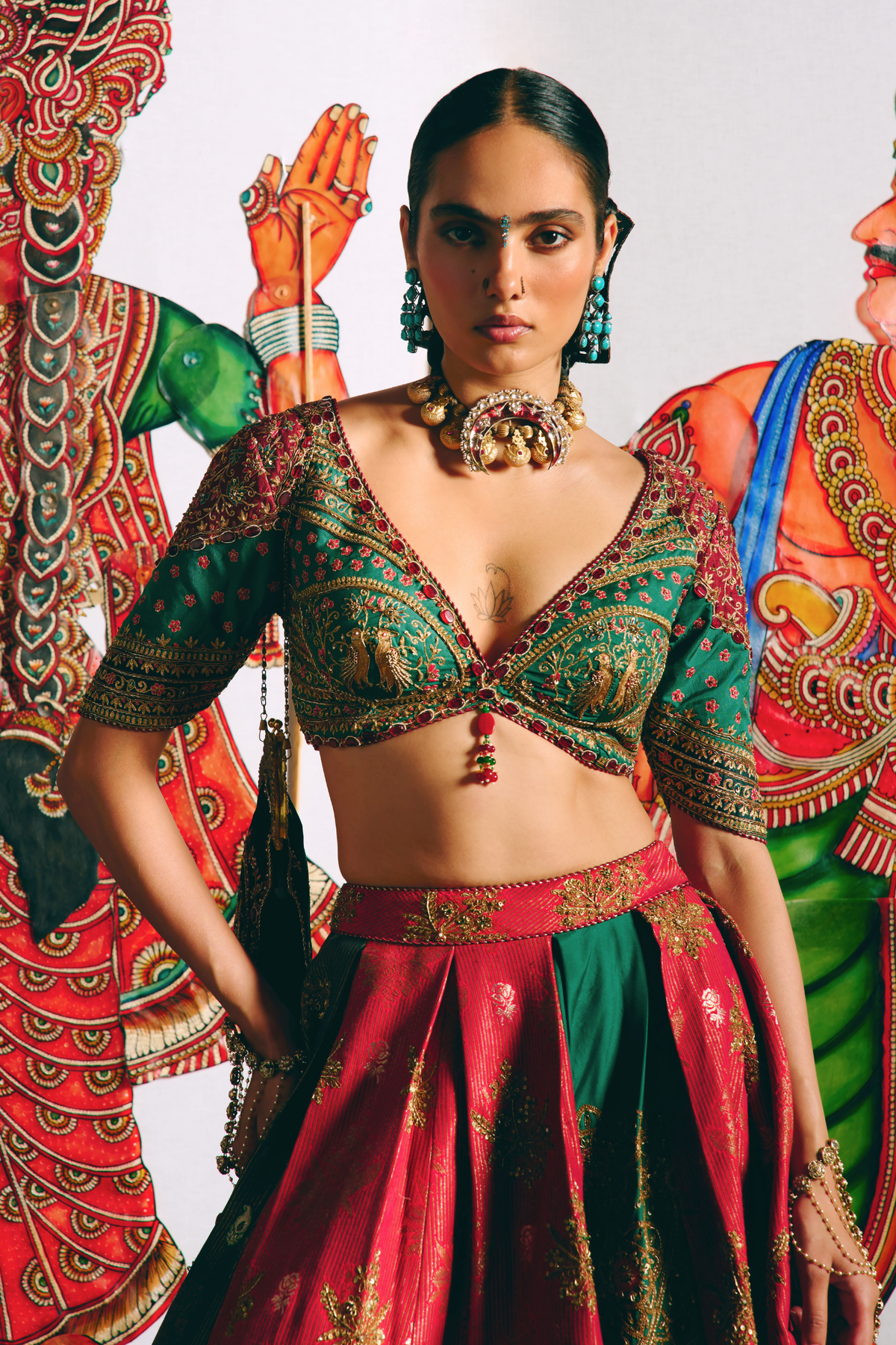 Samarpana Crimson & Green Lehenga With Kalamkari Duppata Set
