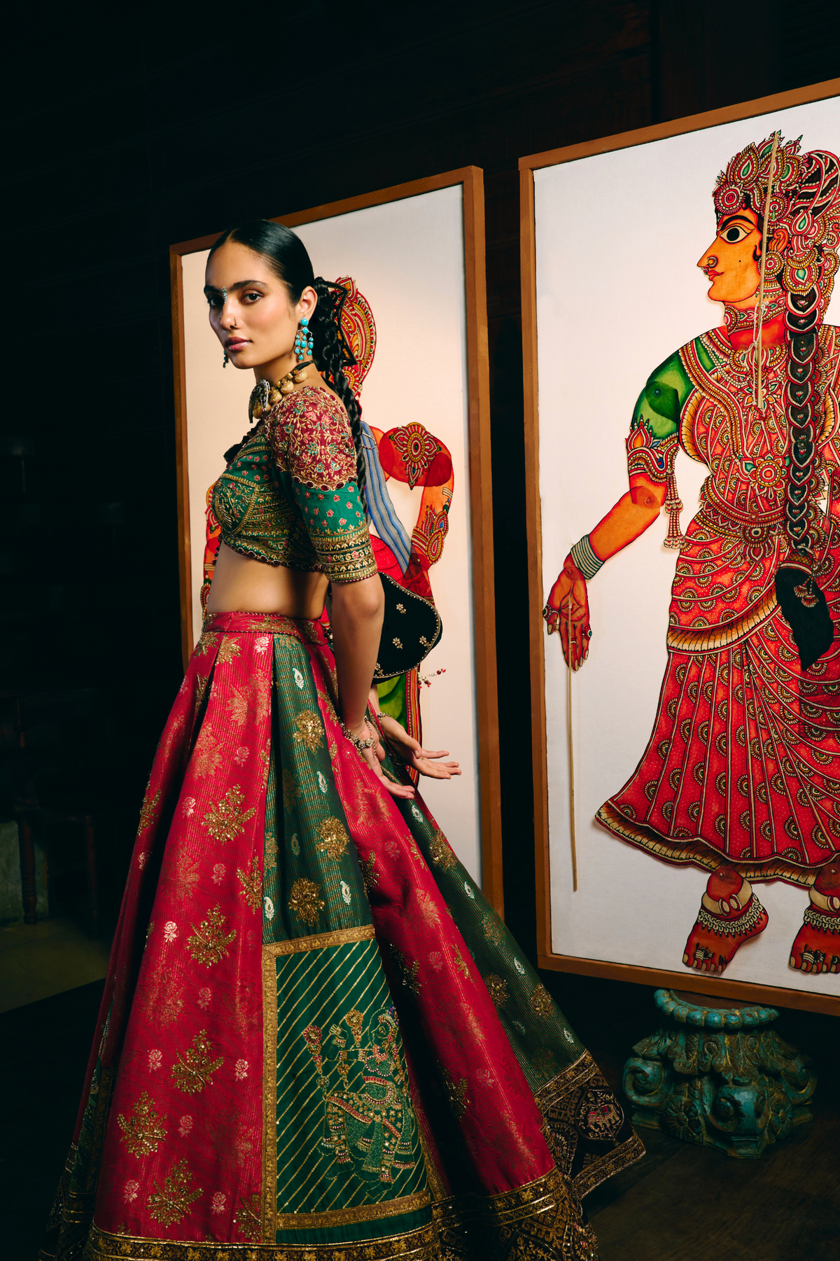 Samarpana Crimson & Green Lehenga With Kalamkari Duppata Set