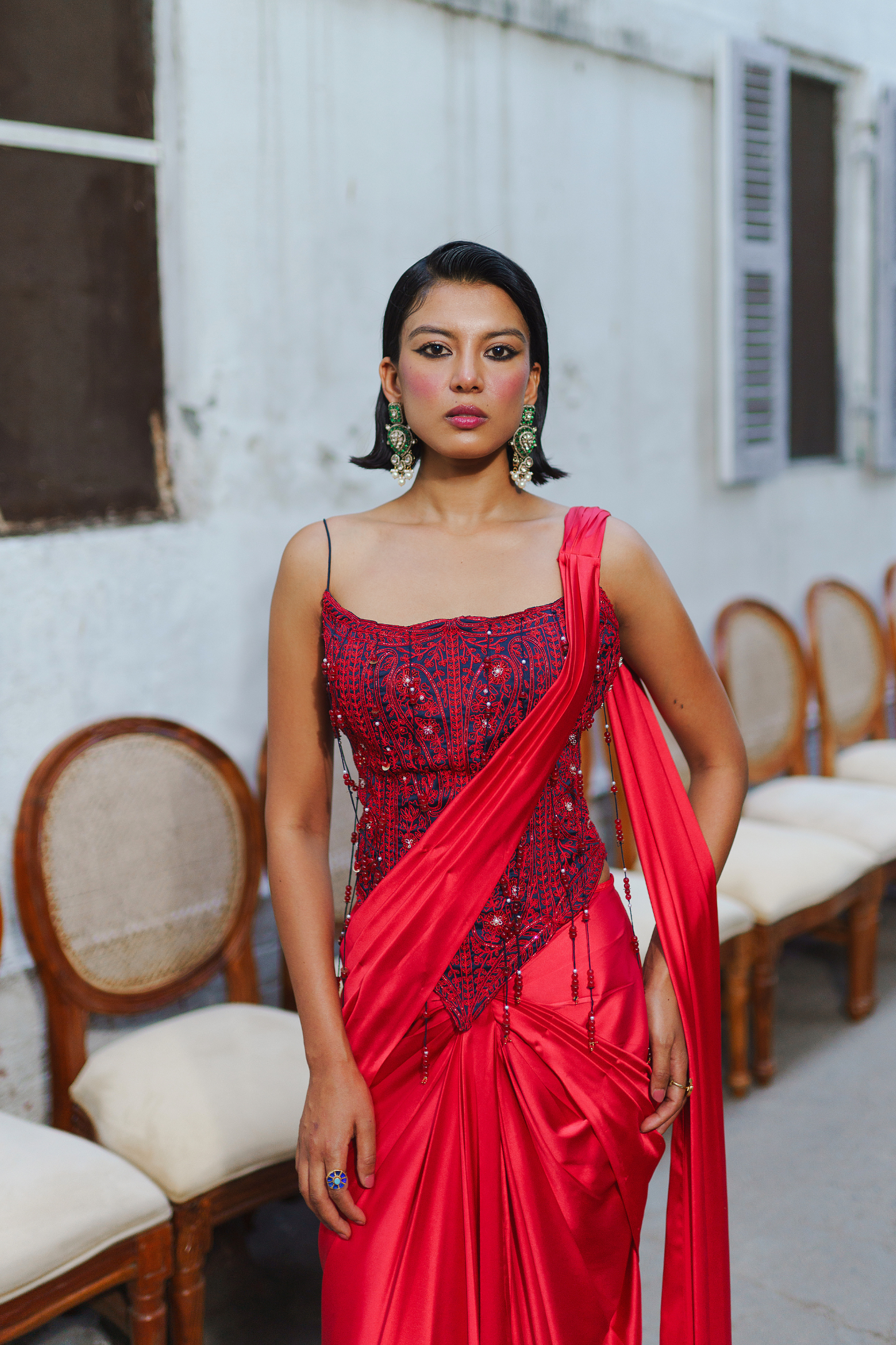 Red long corset with saree set