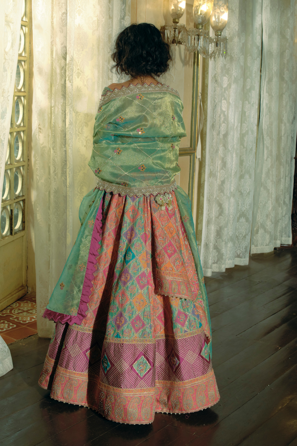 Coral and firozi checkered jacquard banarsi lehenga set