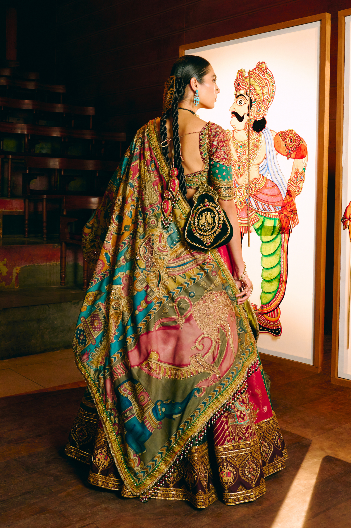 Samarpana Crimson & Green Lehenga With Kalamkari Duppata Set