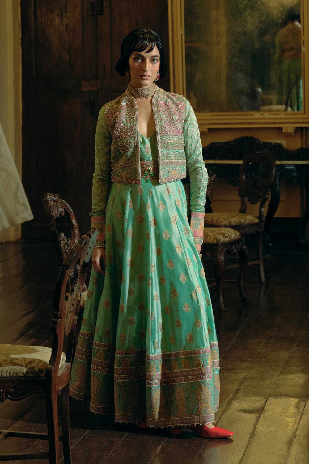 Firozi Green jacquard banarsi anarkali with cropped jacket set