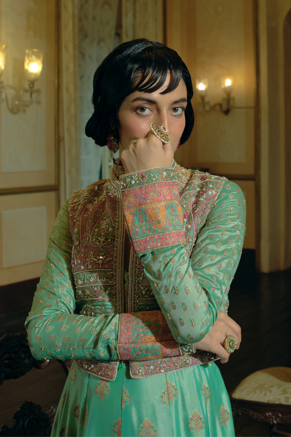 Firozi Green jacquard banarsi anarkali with cropped jacket set