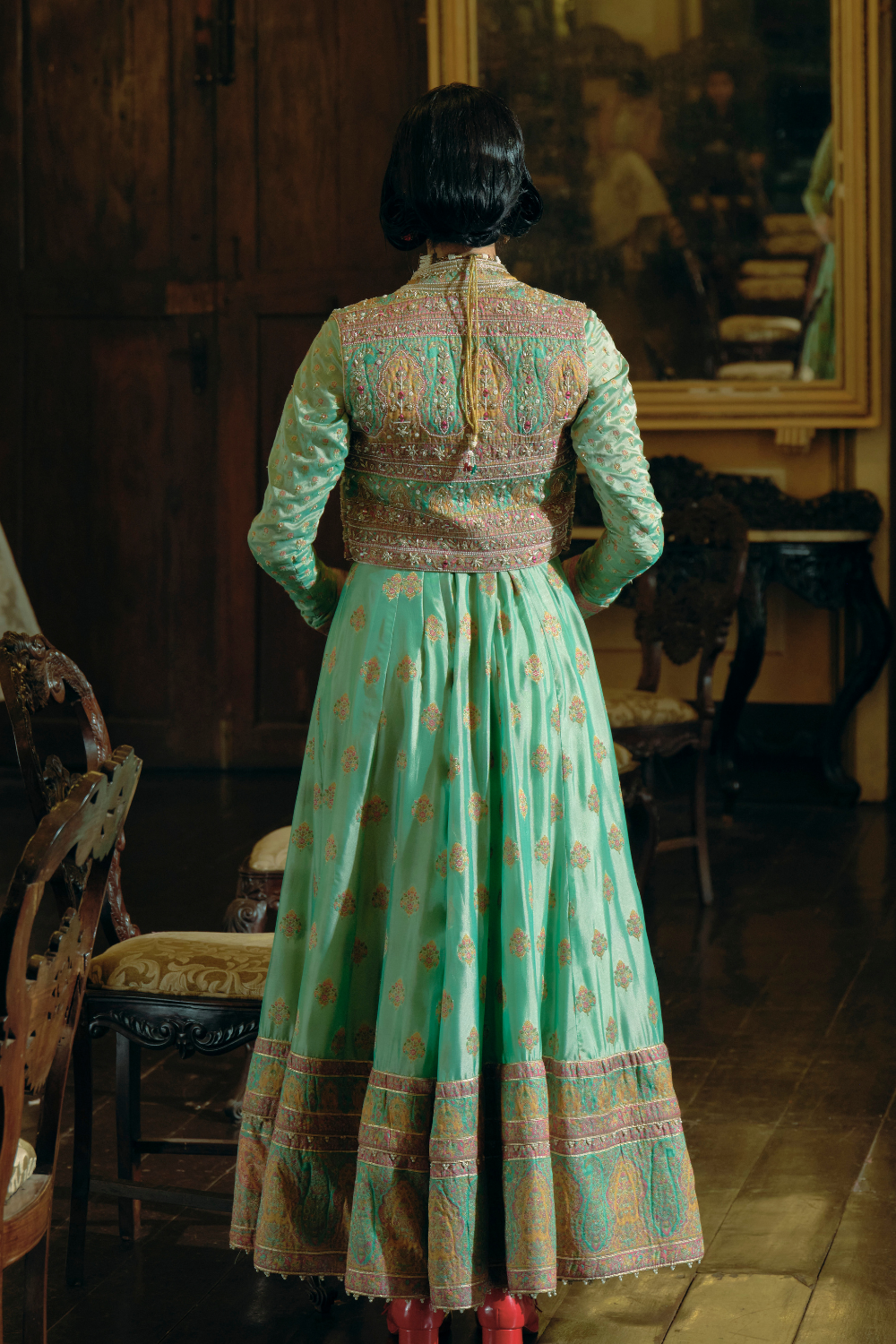 Firozi Green jacquard banarsi anarkali with cropped jacket set