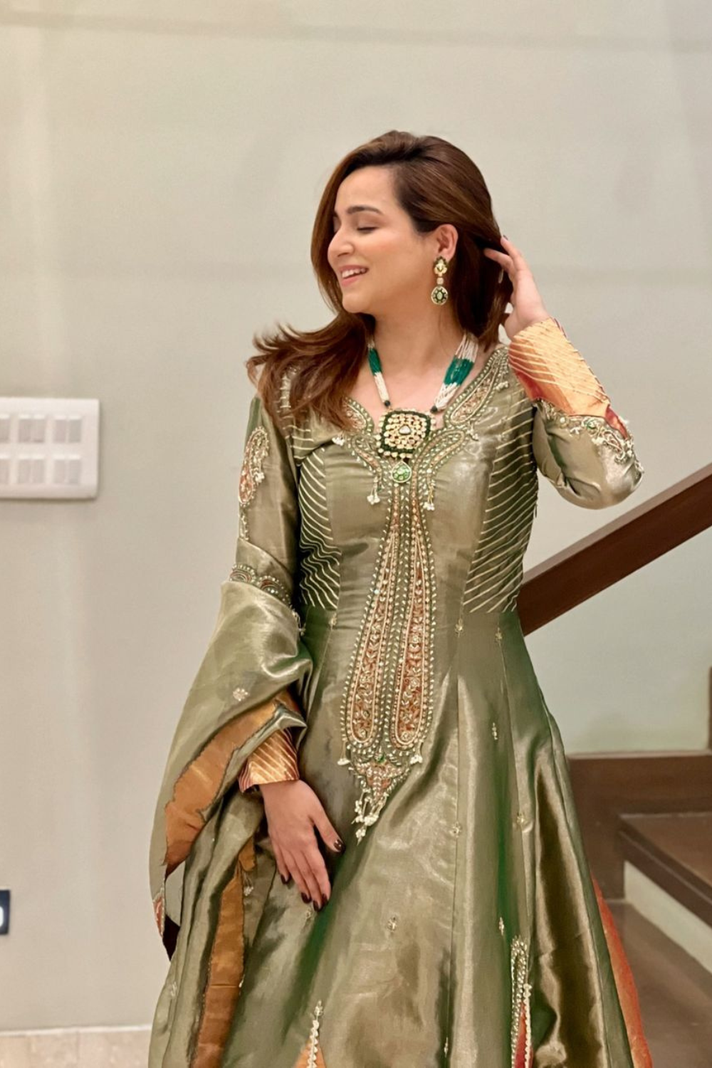 Kompal Matta Kapoor in our Emerald Green tissue Anarkali with dupatta