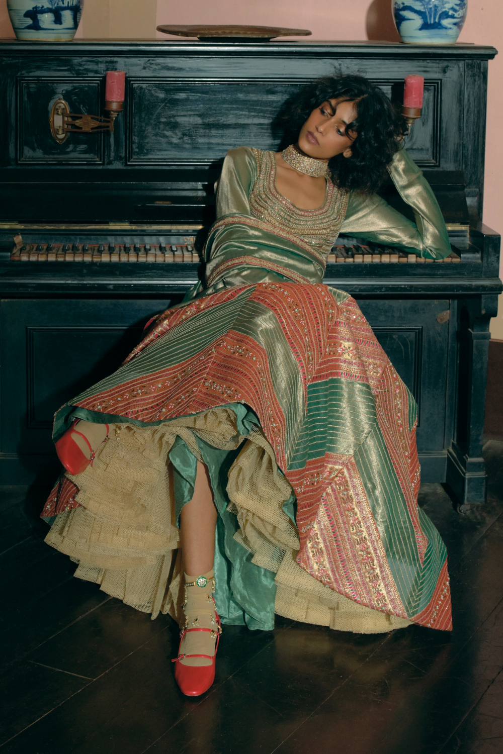 Emerald Green silk zari tissue peplum top with skirt and dupatta set