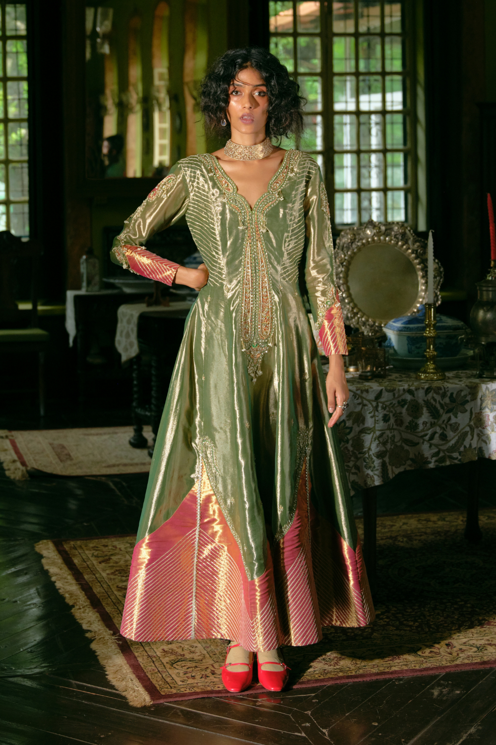 Emerald Green tissue Anarkali with dupatta