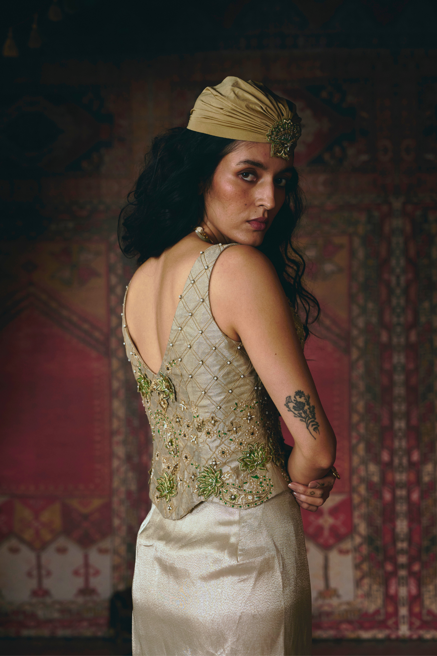 Pearl-Gold Draped Skirt and Corset Set