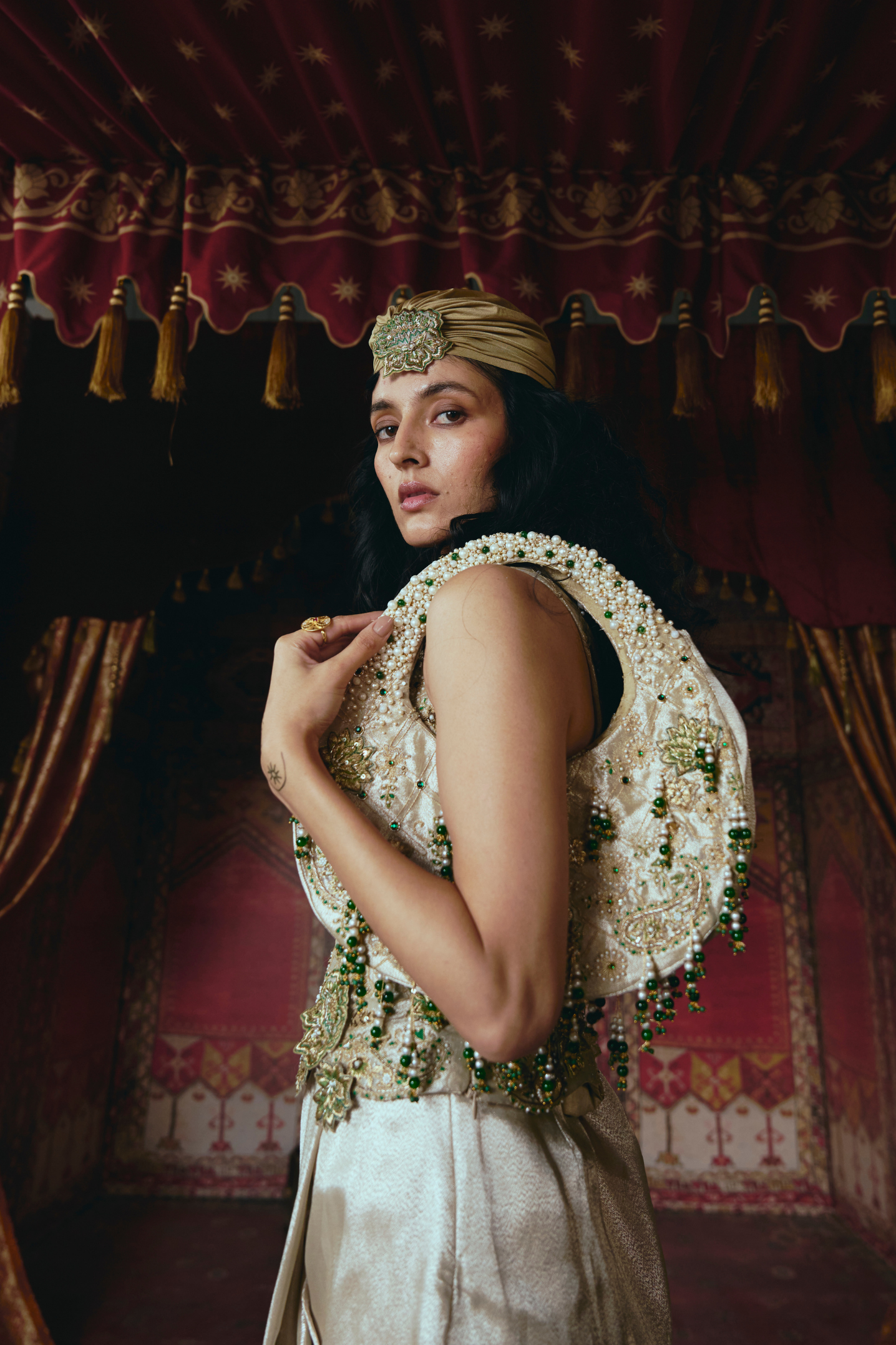 Pearl-Gold Draped Skirt and Corset Set