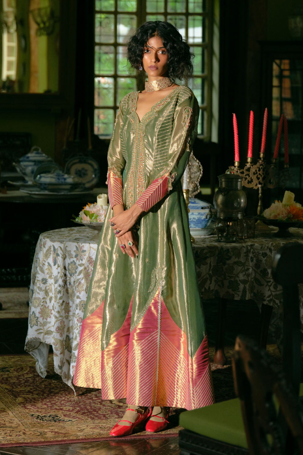 Emerald Green tissue Anarkali with dupatta