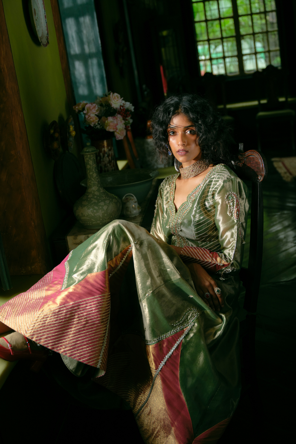 Emerald Green tissue Anarkali with dupatta