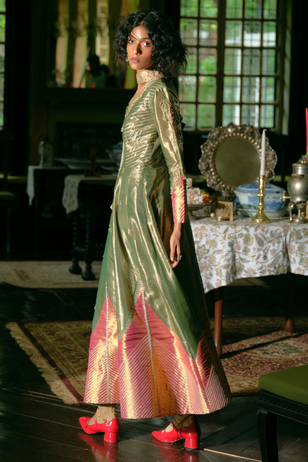 Emerald Green tissue Anarkali with dupatta