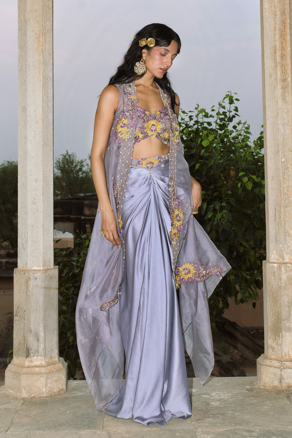 Lilac drape satin skirt set with organza cape