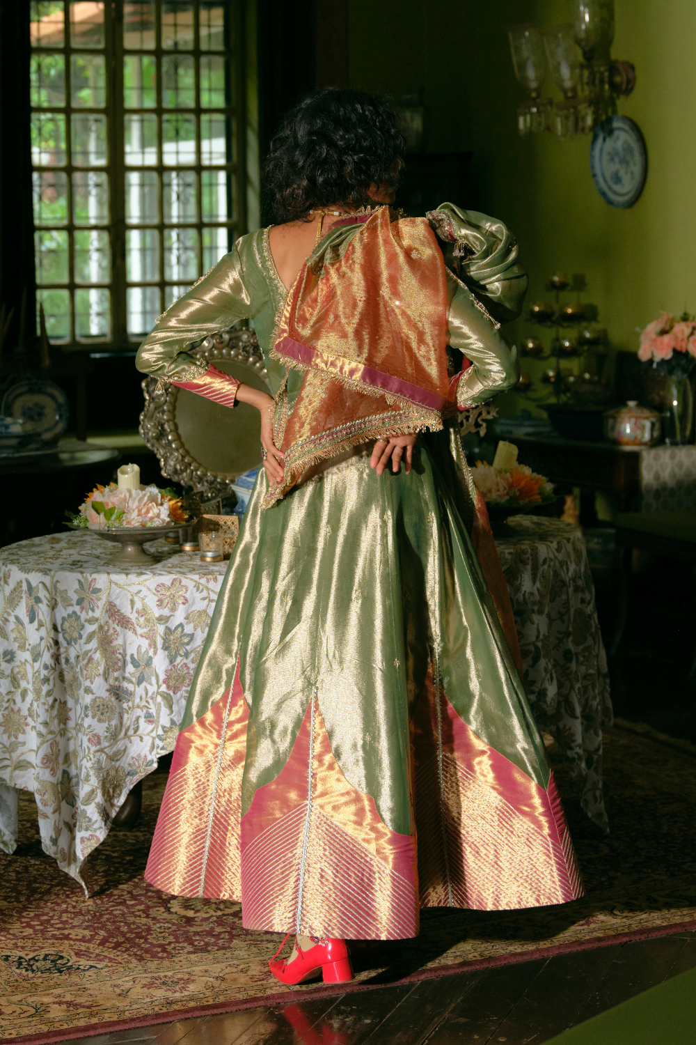 Emerald Green tissue Anarkali with dupatta