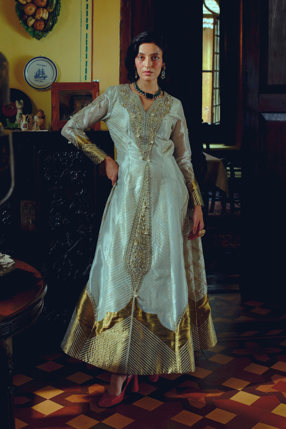 Pearl gold silk zari tissue anarkali