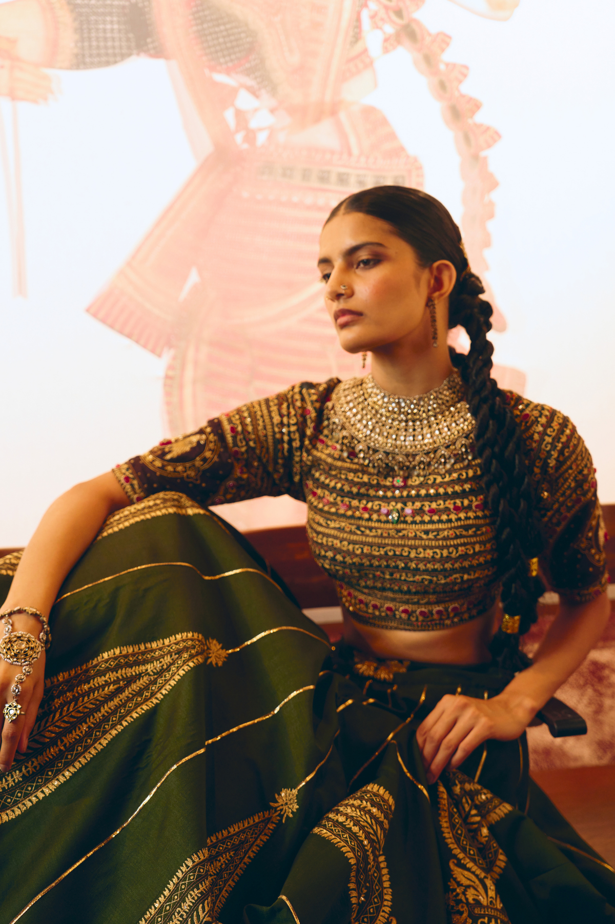 Mangalam Emerald Green Paisley Lehenga With Kalamkari Duppata Set