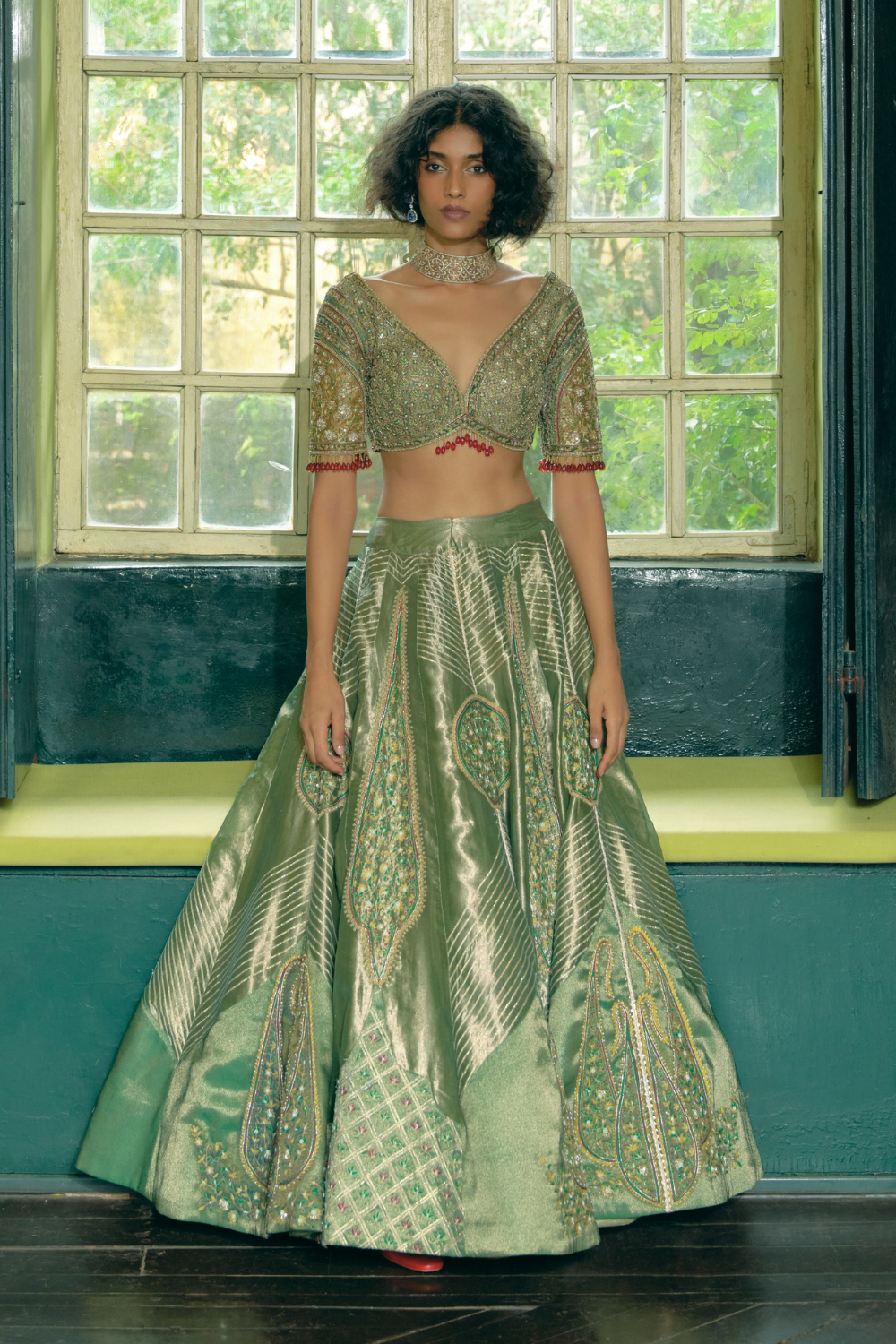 Emerald Green silk zari tissue lehenga set