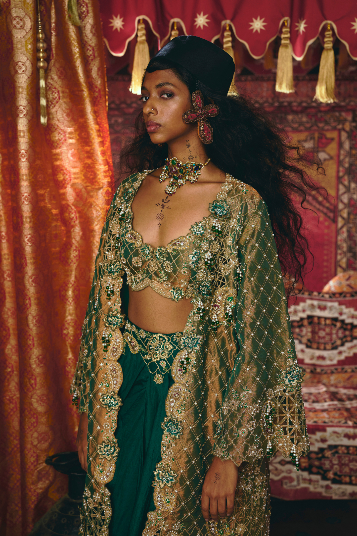 Emerald Green Draped Skirt,Long Jacket, and Bustier Set