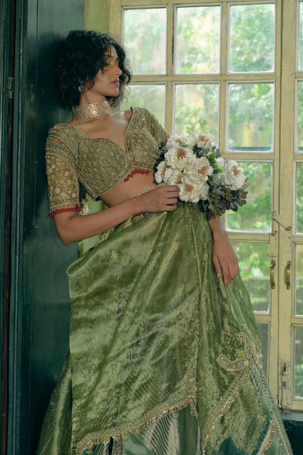 Emerald Green silk zari tissue lehenga set