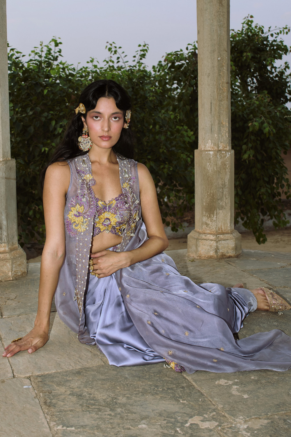 Lilac drape satin skirt set with organza cape