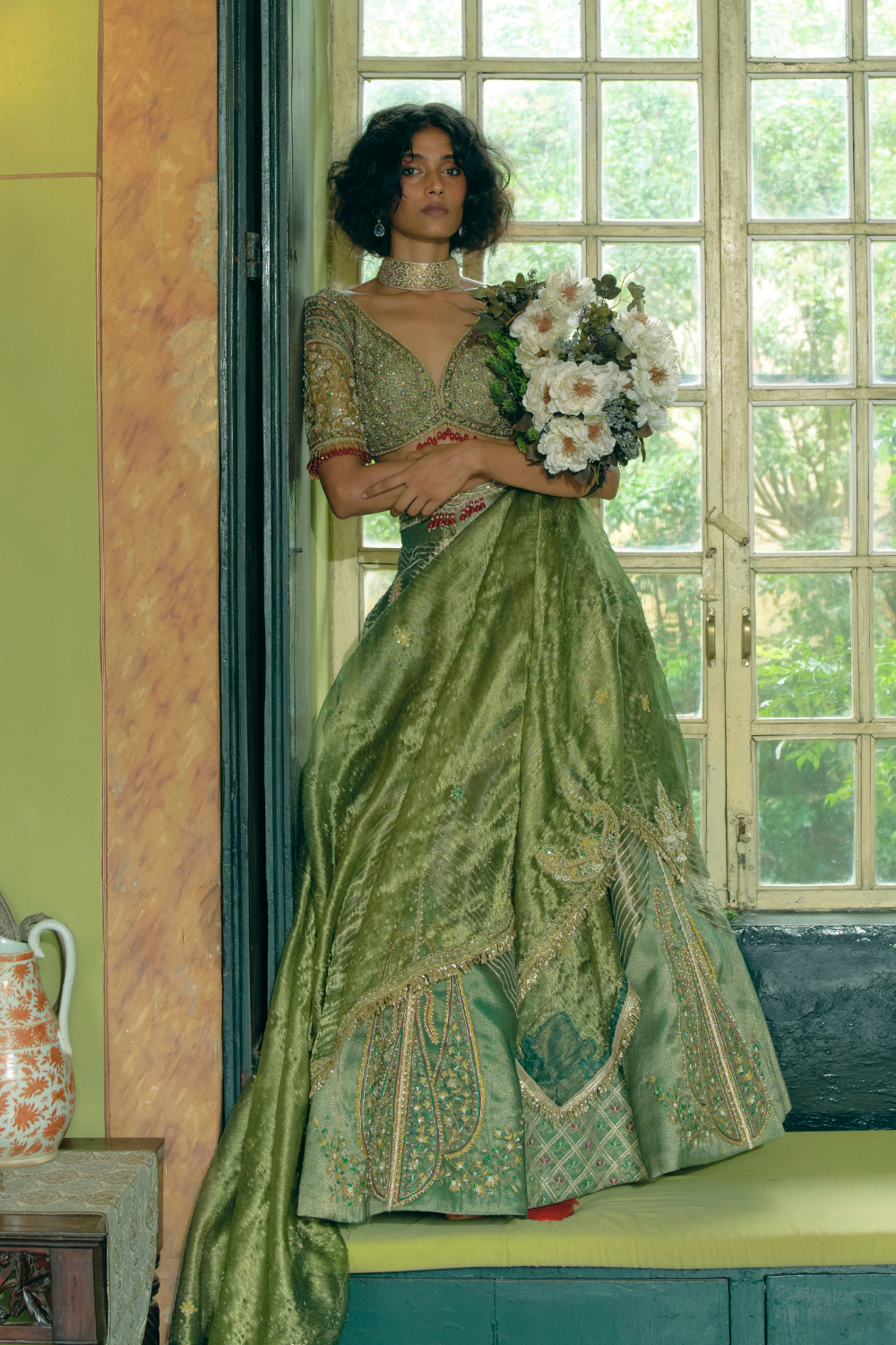 Emerald Green silk zari tissue lehenga set