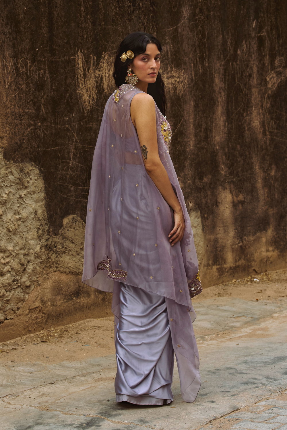 Lilac drape satin skirt set with organza cape