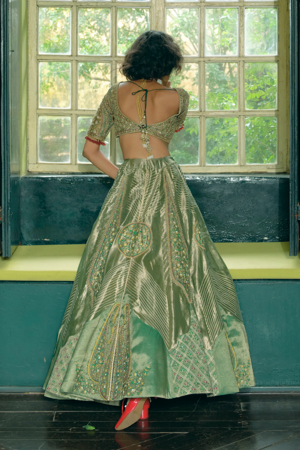 Emerald Green silk zari tissue lehenga set