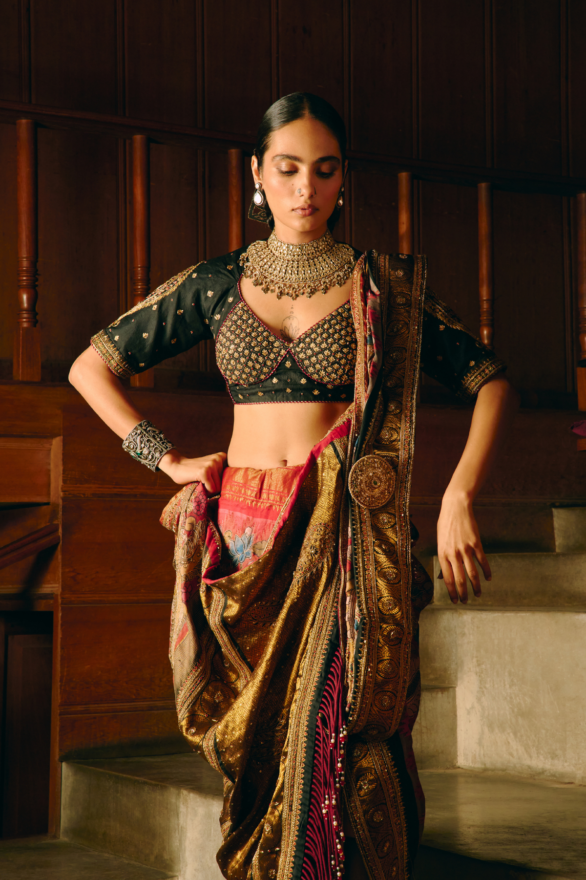 Muralidhara mehroon saree with black blouse