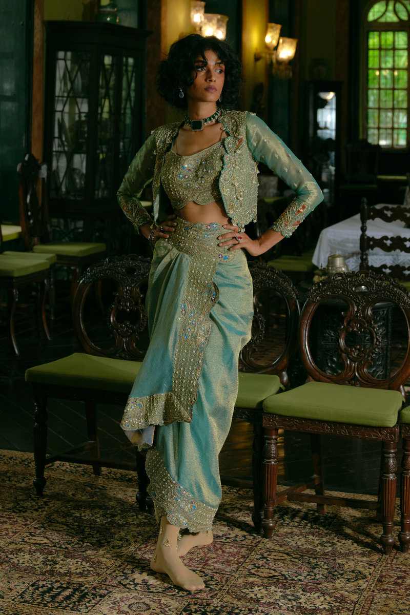 Priyankka agarwal Pearl Gold silk zari tissue draped skirt and croped jacket