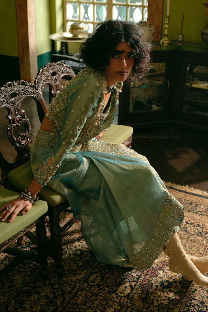 Two Tone Zari Cape With Drape Skirt