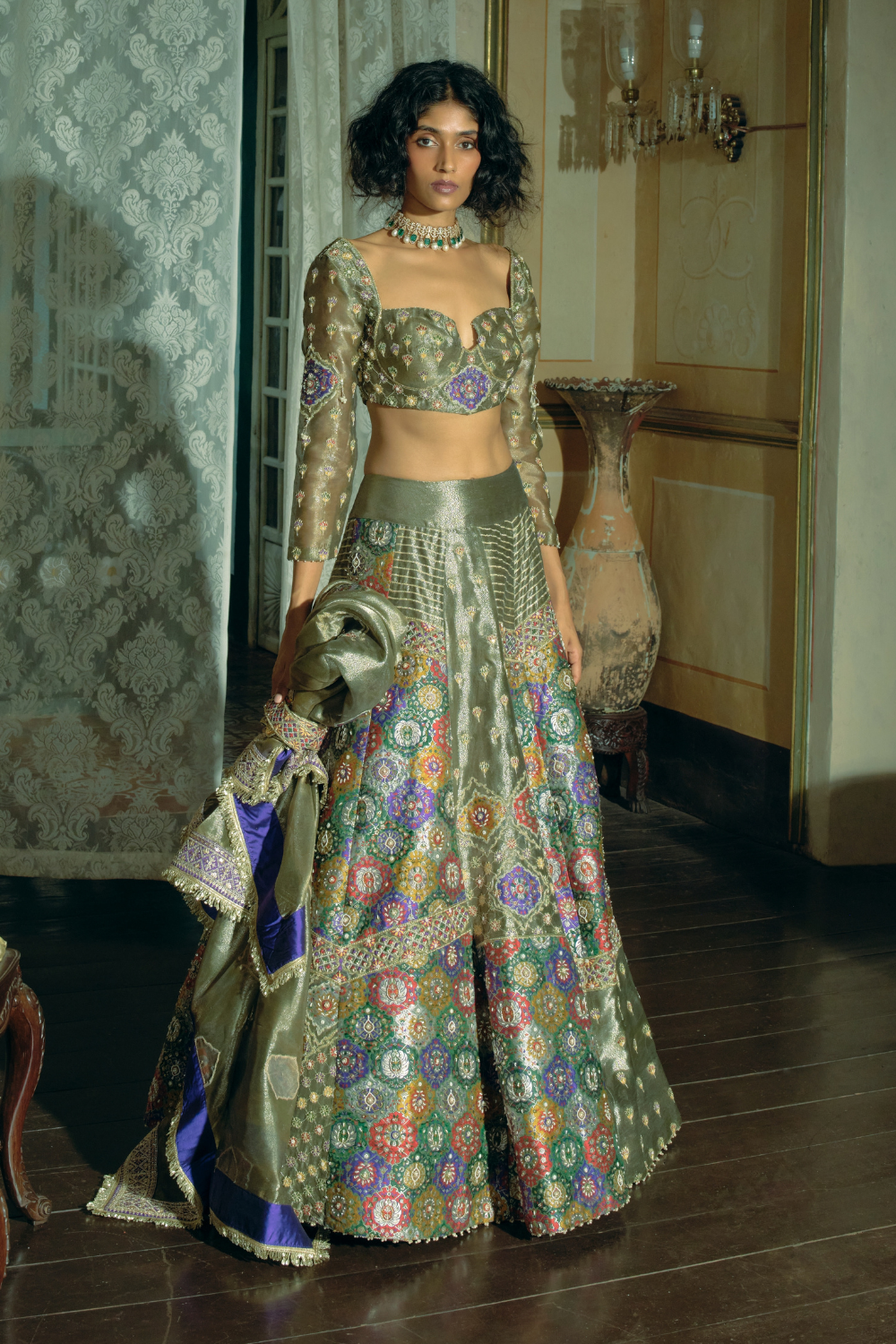 Grey silk zari tissue lehnga set