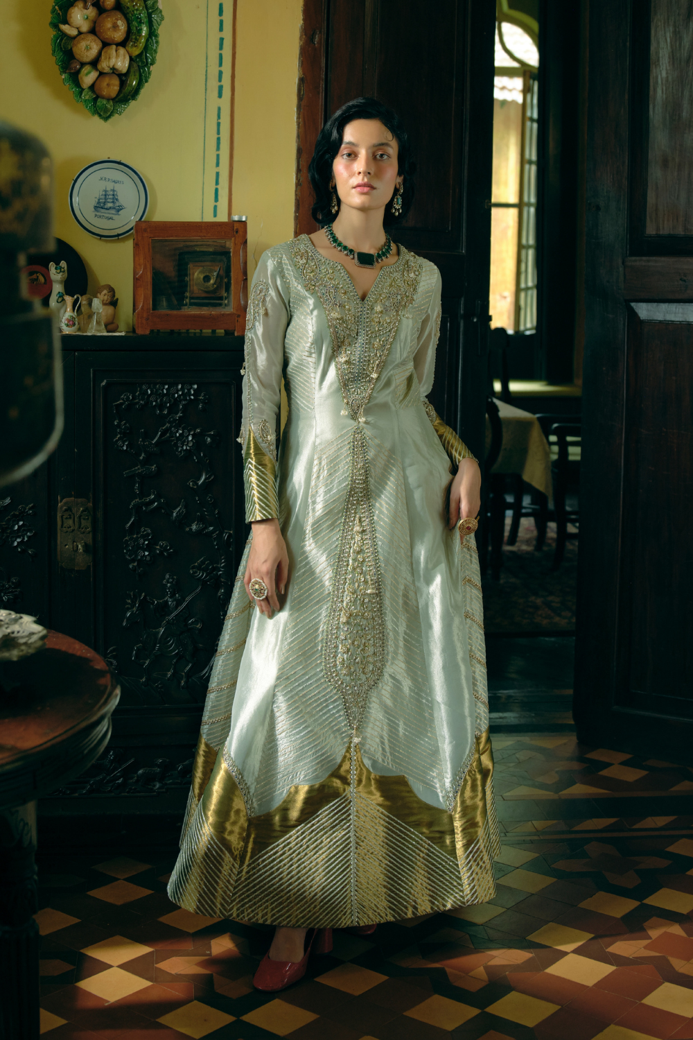 Pearl gold silk zari tissue anarkali